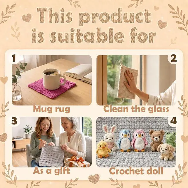 Alt view image 5 of 7 - zwzxd Beginner Crochet Kit: Cotton Thread, Hooks & DIY Dishcloth Tutorial BRT Rainbow Candy