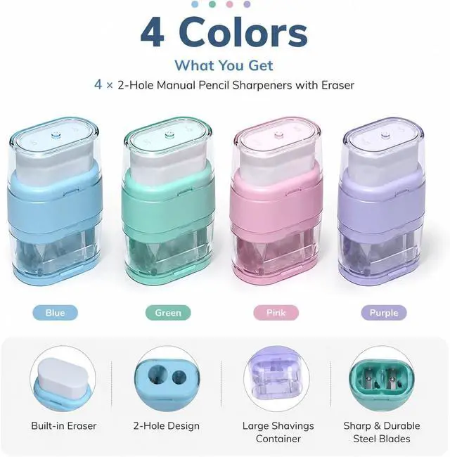 Alt view image 4 of 7 - 4 Pcs Manual Pencil Sharpener with Eraser, Double Hole Multicolored Sharpener with Eraser for School Office Home Supplies Back to School Supplies Classroom Rewards and Birthday Party Favors