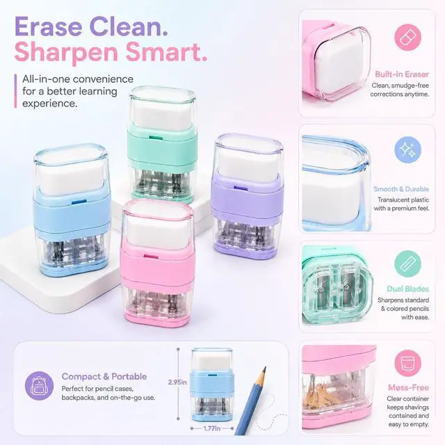 Alt view image 5 of 7 - 4 Pcs Manual Pencil Sharpener with Eraser, Double Hole Multicolored Sharpener with Eraser for School Office Home Supplies Back to School Supplies Classroom Rewards and Birthday Party Favors