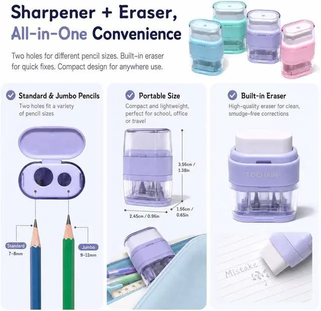 Alt view image 6 of 7 - 4 Pcs Manual Pencil Sharpener with Eraser, Double Hole Multicolored Sharpener with Eraser for School Office Home Supplies Back to School Supplies Classroom Rewards and Birthday Party Favors