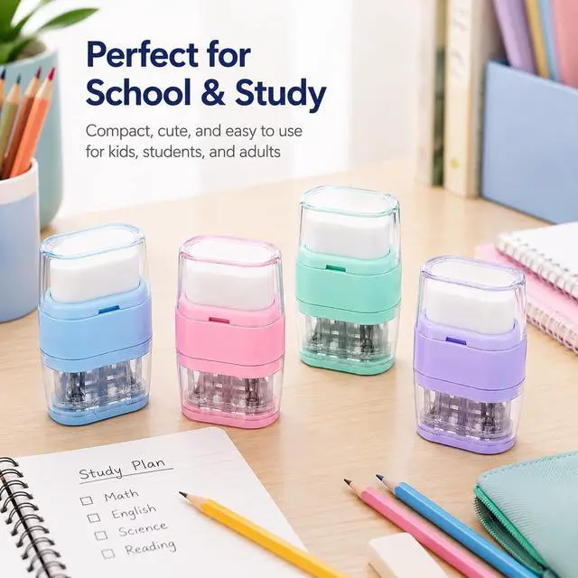Alt view image 7 of 7 - 4 Pcs Manual Pencil Sharpener with Eraser, Double Hole Multicolored Sharpener with Eraser for School Office Home Supplies Back to School Supplies Classroom Rewards and Birthday Party Favors