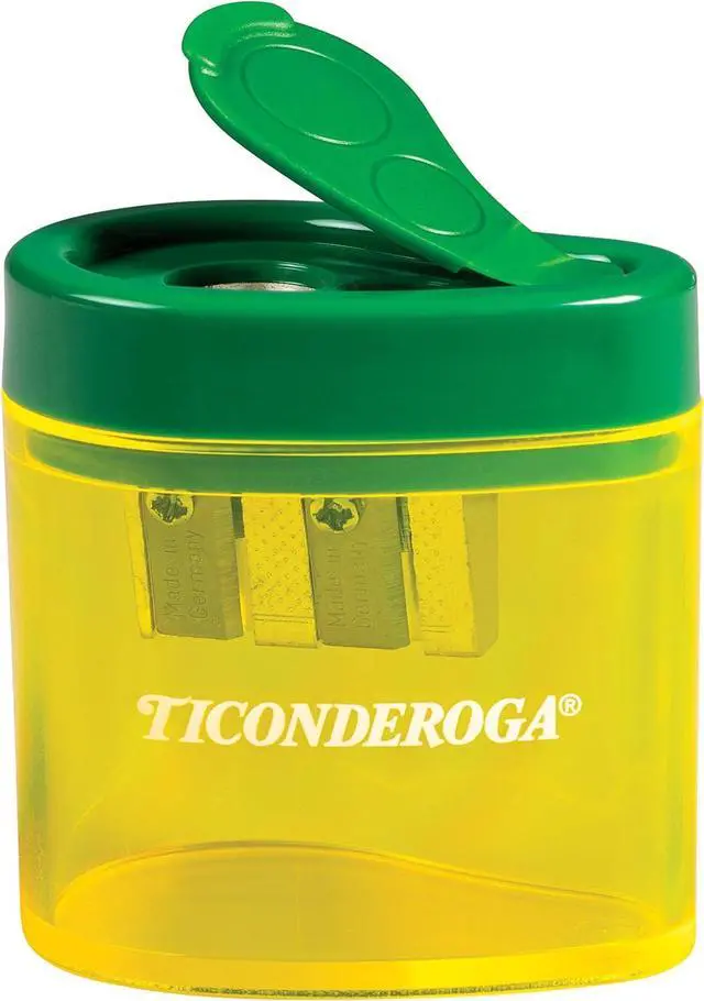 Alt view image 2 of 7 - Ticonderoga Two-Hole Manual Pencil Sharpener for Standard and Beginner Pencils, Yellow/Green, 2" x 2" x 1.25", German-Engineered, 1 Count