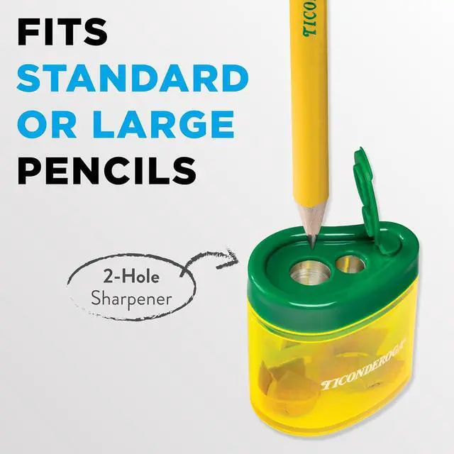 Alt view image 3 of 7 - Ticonderoga Two-Hole Manual Pencil Sharpener for Standard and Beginner Pencils, Yellow/Green, 2" x 2" x 1.25", German-Engineered, 1 Count