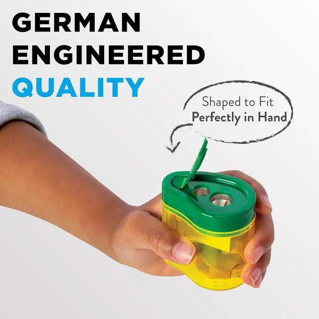Alt view image 4 of 7 - Ticonderoga Two-Hole Manual Pencil Sharpener for Standard and Beginner Pencils, Yellow/Green, 2" x 2" x 1.25", German-Engineered, 1 Count
