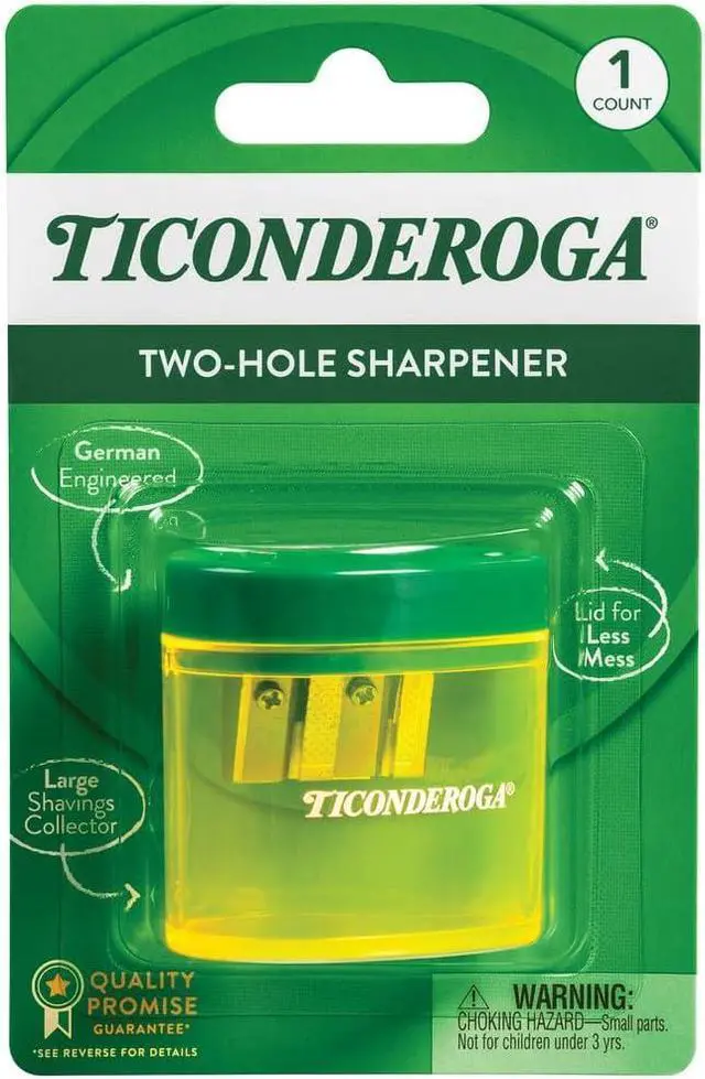 Main image of Ticonderoga Two-Hole Manual Pencil Sharpener for Standard and Beginner Pencils, Yellow/Green, 2" x 2" x 1.25", German-Engineered, 1 Count