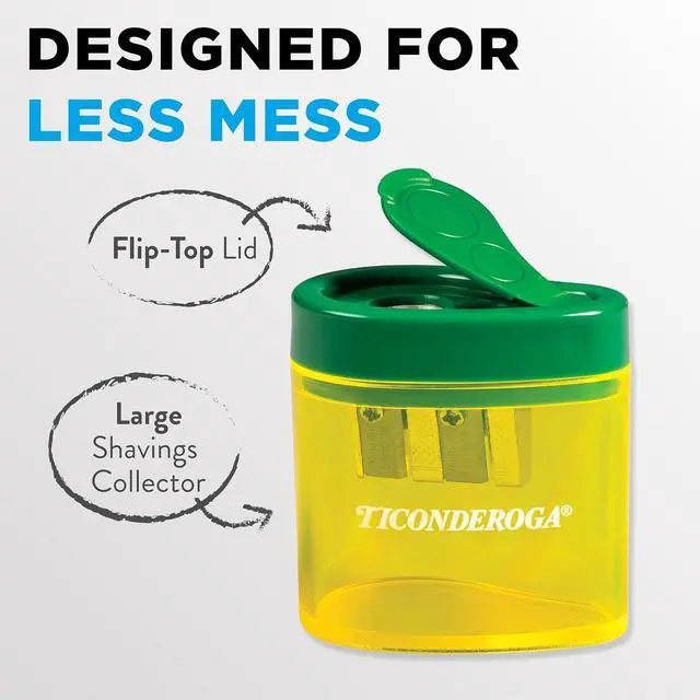 Alt view image 5 of 7 - Ticonderoga Two-Hole Manual Pencil Sharpener for Standard and Beginner Pencils, Yellow/Green, 2" x 2" x 1.25", German-Engineered, 1 Count