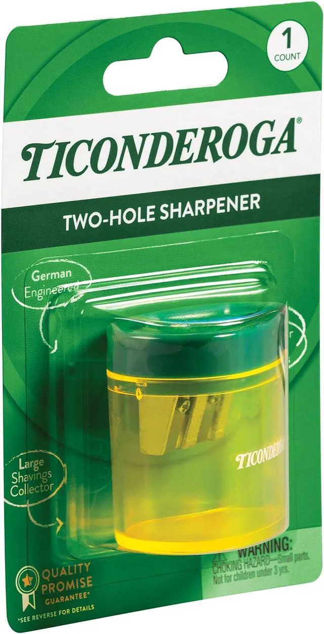 Alt view image 6 of 7 - Ticonderoga Two-Hole Manual Pencil Sharpener for Standard and Beginner Pencils, Yellow/Green, 2" x 2" x 1.25", German-Engineered, 1 Count