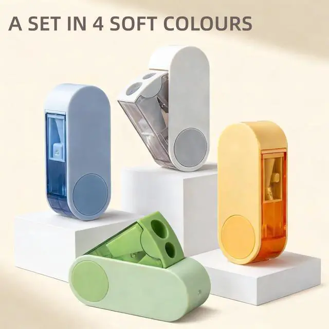 Alt view image 5 of 6 - Dual-Hole Pencil Sharpener 4 Pack with Rotary System & Container, Manual Sharpeners Ideal for School, Home, Office & Art, 4 Pack, 4 Colours