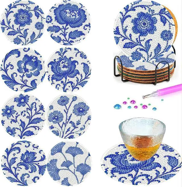 Main image of Mrnsiet 8PCS Flowers Diamond Art Coasters Kits with Holder, DIY Blue Flower Diamond Painting Coasters for Adults, Non Slip Mosaic Dot Painting Coaster with Cork Pads for Beginners 4x4 Inch