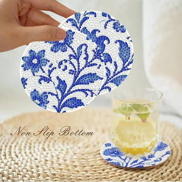 Alt view image 2 of 7 - Mrnsiet 8PCS Flowers Diamond Art Coasters Kits with Holder, DIY Blue Flower Diamond Painting Coasters for Adults, Non Slip Mosaic Dot Painting Coaster with Cork Pads for Beginners 4x4 Inch