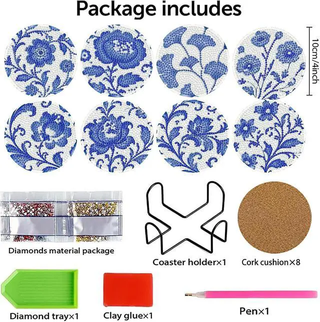 Alt view image 3 of 7 - Mrnsiet 8PCS Flowers Diamond Art Coasters Kits with Holder, DIY Blue Flower Diamond Painting Coasters for Adults, Non Slip Mosaic Dot Painting Coaster with Cork Pads for Beginners 4x4 Inch