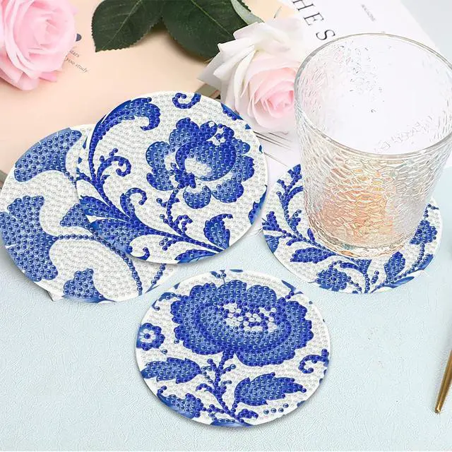 Alt view image 7 of 7 - Mrnsiet 8PCS Flowers Diamond Art Coasters Kits with Holder, DIY Blue Flower Diamond Painting Coasters for Adults, Non Slip Mosaic Dot Painting Coaster with Cork Pads for Beginners 4x4 Inch