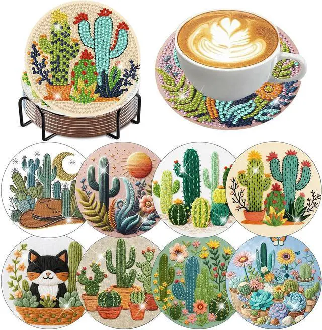 Main image of mrpwnle 8 Pcs Diamond Art Coasters Kits, Cactus Diamond Painting Coasters