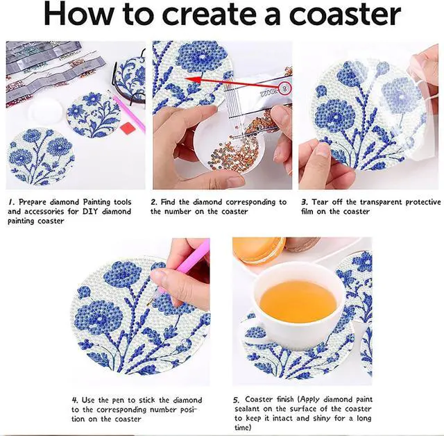 Alt view image 4 of 7 - Mrnsiet 8PCS Flowers Diamond Art Coasters Kits with Holder, DIY Blue Flower Diamond Painting Coasters for Adults, Non Slip Mosaic Dot Painting Coaster with Cork Pads for Beginners 4x4 Inch