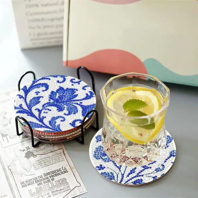 Alt view image 5 of 7 - Mrnsiet 8PCS Flowers Diamond Art Coasters Kits with Holder, DIY Blue Flower Diamond Painting Coasters for Adults, Non Slip Mosaic Dot Painting Coaster with Cork Pads for Beginners 4x4 Inch