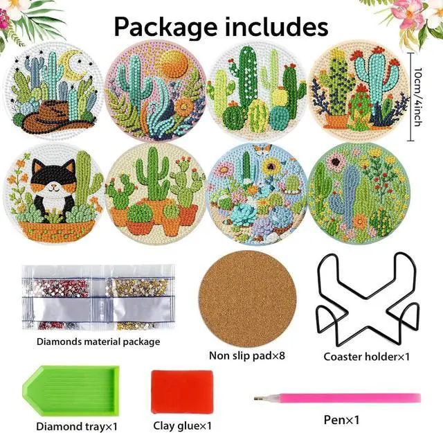 Alt view image 2 of 7 - mrpwnle 8 Pcs Diamond Art Coasters Kits, Cactus Diamond Painting Coasters