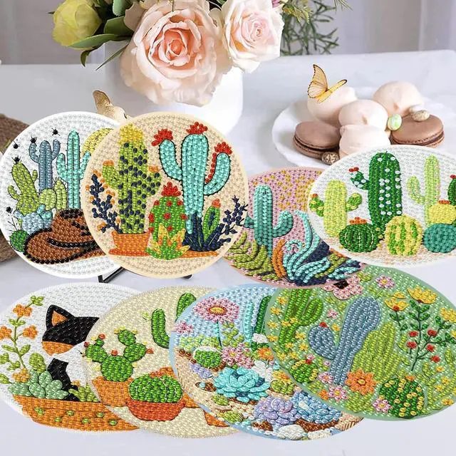 Alt view image 6 of 7 - mrpwnle 8 Pcs Diamond Art Coasters Kits, Cactus Diamond Painting Coasters