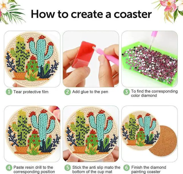 Alt view image 7 of 7 - mrpwnle 8 Pcs Diamond Art Coasters Kits, Cactus Diamond Painting Coasters