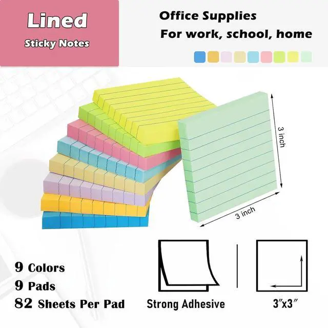 Alt view image 2 of 6 - HQCME 9 Pack Lined Sticky Notes 3x3 in, Self-Stick Note Pads, 82 Sheets/Pad