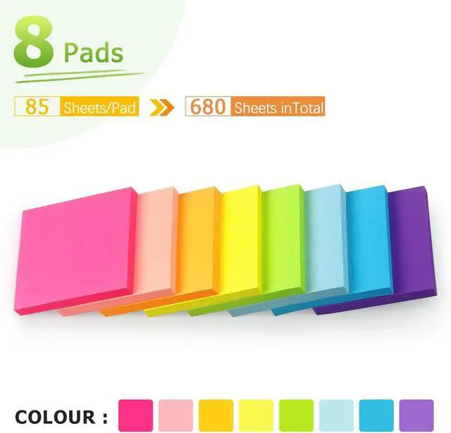 Alt view image 3 of 7 - Sticky Notes 3x3 in, Bright Colors Self-Stick Pads, 8 Pads, 85 Sheets/Pad