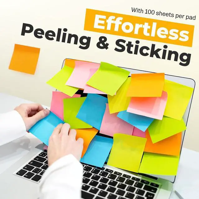 Alt view image 4 of 7 - Sticky Notes 3x3 Inches, Bright Colors Self-Stick Pads, Easy to Post for Home, Office, Notebook,100 Sheets/pad (8 Pads)