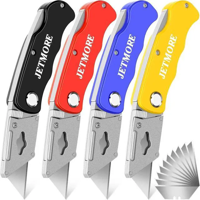 Main image of JETMORE 4 Pack Folding Utility Knife, Box Cutter with 10 Blade, Razor Knife