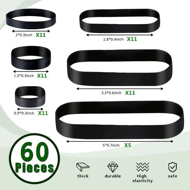 Alt view image 2 of 7 - 60 Mixed Count Heavy Duty Rubber Bands 6 Size Black Thick Wide Rubber Bands Assorted Size for Hiking Camping Survival Sports Supplies (Black)