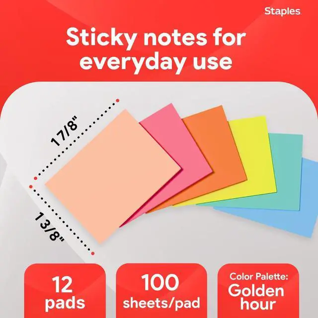 Alt view image 2 of 6 - Staples Sticky Notes, 1.375x1.875 Inch, Assorted Colors, 2400 Sht
