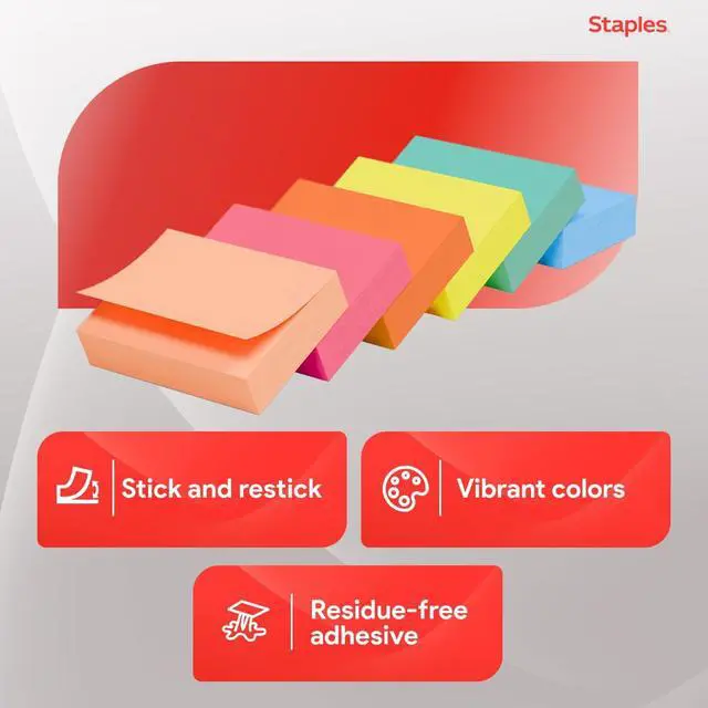 Alt view image 5 of 6 - Staples Sticky Notes, 1.375x1.875 Inch, Assorted Colors, 2400 Sht