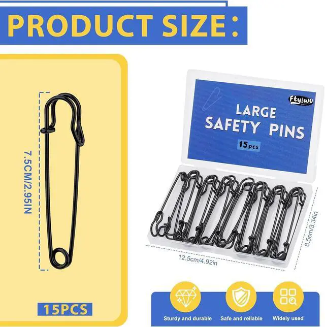 Alt view image 2 of 7 - Large Safety Pins, 15 Pack Heavy Duty Safety Pins 3 Inch Black