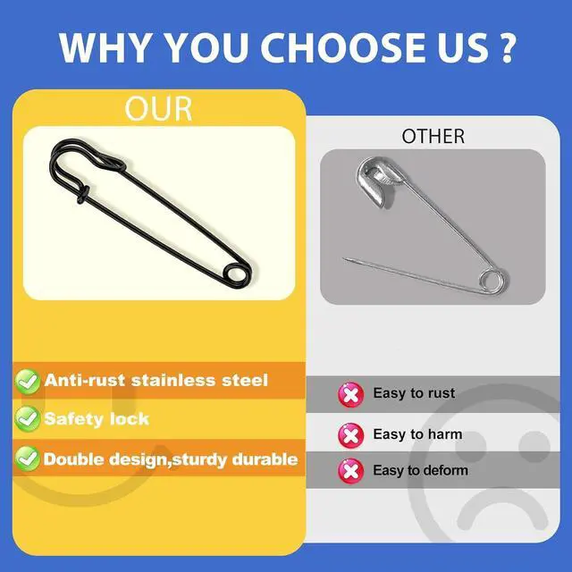Alt view image 5 of 7 - Large Safety Pins, 15 Pack Heavy Duty Safety Pins 3 Inch Black
