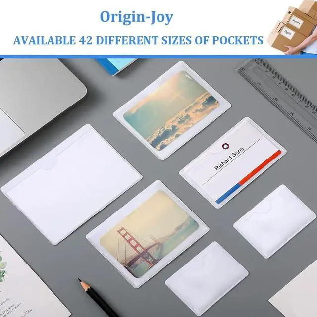 Alt view image 6 of 7 - Origin-Joy 35 PCS Self Adhesive Index Card Pockets with Top Open, Clear Plastic Label Holder for Cards of Note, Library and Business, Adhesive Label Pockets & Card Holder (3 x 2 inch)