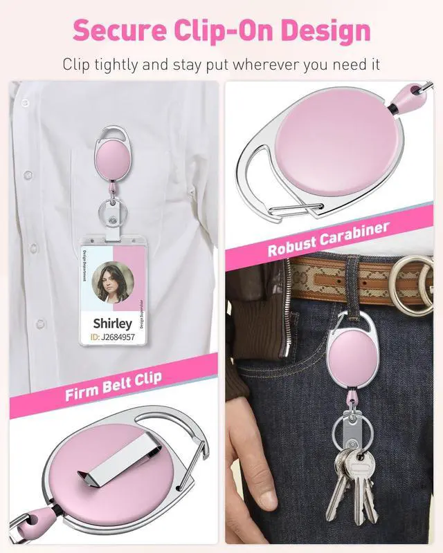 Alt view image 5 of 7 - Uniclife 2 Pcs Retractable Badge Reel Keychain Clip for Badge Holder Pink