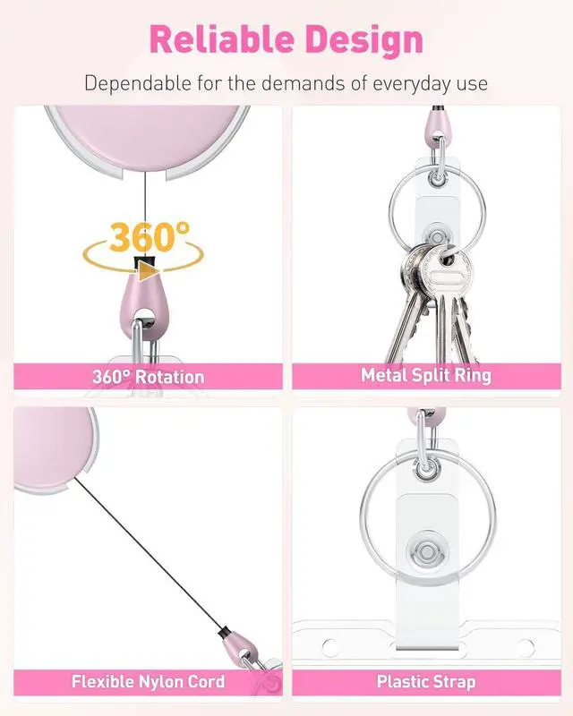 Alt view image 6 of 7 - Uniclife 2 Pcs Retractable Badge Reel Keychain Clip for Badge Holder Pink