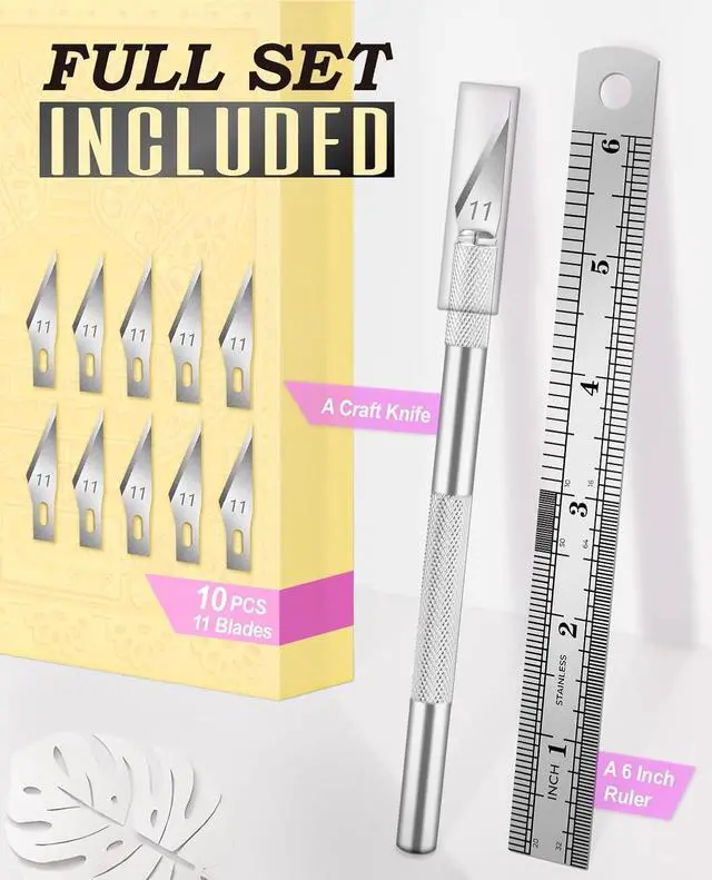Alt view image 2 of 7 - 1 Pcs Craft Knife Hobby Knife with 11 Pcs Stainless Steel Blades Kit, 1pcs Steel 15MM Ruler for Art, Scrapbooking,Stencil