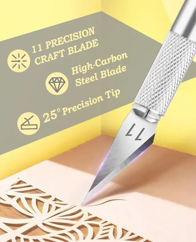 Alt view image 3 of 7 - 1 Pcs Craft Knife Hobby Knife with 11 Pcs Stainless Steel Blades Kit, 1pcs Steel 15MM Ruler for Art, Scrapbooking,Stencil