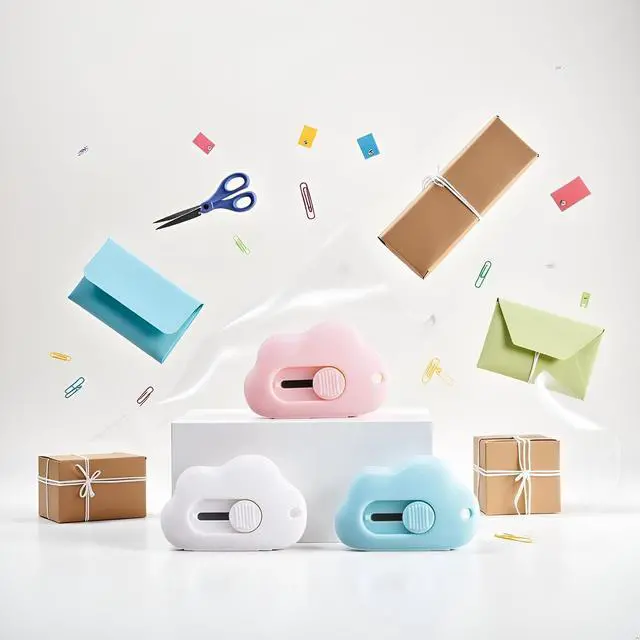Alt view image 6 of 7 - 3Pcs Mini Cutter Cloud Shape Retractable Letter Opener Utility Shrink Wrap Box Opener Safety Blade with Key Chain Hole Random Color