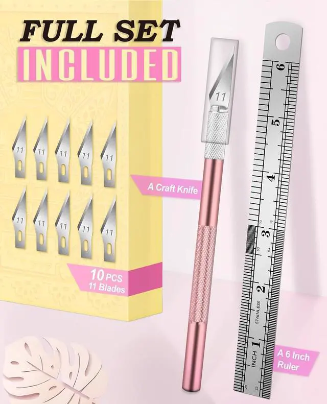 Alt view image 2 of 7 - DIYSELF Exacto Knife Set with 10 Extra #11 Blades, 6-Inch Metal Ruler, Pink