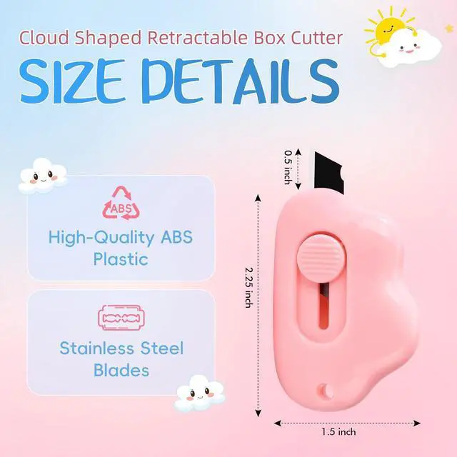 Alt view image 3 of 6 - Cloud Shaped Retractable Box Cutter Set - 3Pcs Mini Utility Knife Letter Opener Envelope Slitter, Mini Box Cutters Retractable-Orange Pink Green