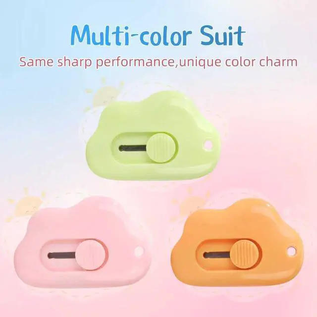 Alt view image 5 of 6 - Cloud Shaped Retractable Box Cutter Set - 3Pcs Mini Utility Knife Letter Opener Envelope Slitter, Mini Box Cutters Retractable-Orange Pink Green