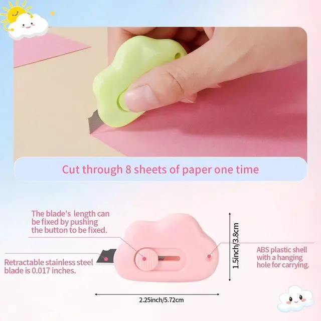 Alt view image 4 of 6 - Cloud Shaped Retractable Box Cutter Set - 3Pcs Mini Utility Knife Letter Opener Envelope Slitter, Mini Box Cutters Retractable-Orange Pink Green