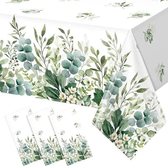 Main image of 3 Pack Spring Sage Green Baby Shower Plastic Tablecloth, Eucalyptus Leaf Disposable Table Cover, Summer Rectangle Table Cloth for Bridal Baby Shower Birthday Wedding Party Decorations, 54x108 Inch