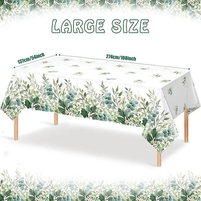 Alt view image 2 of 7 - 3 Pack Spring Sage Green Baby Shower Plastic Tablecloth, Eucalyptus Leaf Disposable Table Cover, Summer Rectangle Table Cloth for Bridal Baby Shower Birthday Wedding Party Decorations, 54x108 Inch