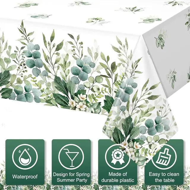Alt view image 3 of 7 - 3 Pack Spring Sage Green Baby Shower Plastic Tablecloth, Eucalyptus Leaf Disposable Table Cover, Summer Rectangle Table Cloth for Bridal Baby Shower Birthday Wedding Party Decorations, 54x108 Inch