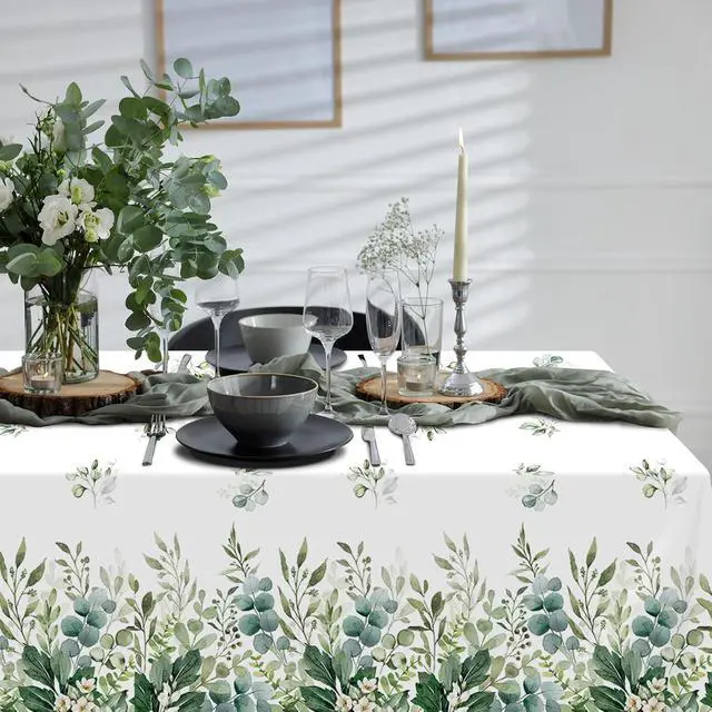 Alt view image 5 of 7 - 3 Pack Spring Sage Green Baby Shower Plastic Tablecloth, Eucalyptus Leaf Disposable Table Cover, Summer Rectangle Table Cloth for Bridal Baby Shower Birthday Wedding Party Decorations, 54x108 Inch