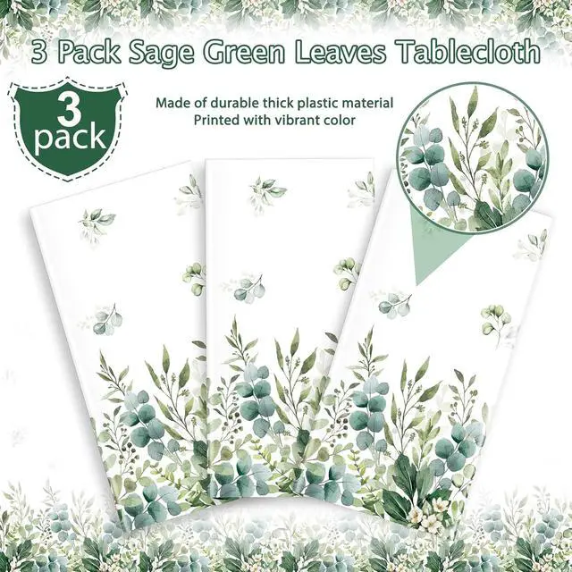 Alt view image 4 of 7 - 3 Pack Spring Sage Green Baby Shower Plastic Tablecloth, Eucalyptus Leaf Disposable Table Cover, Summer Rectangle Table Cloth for Bridal Baby Shower Birthday Wedding Party Decorations, 54x108 Inch