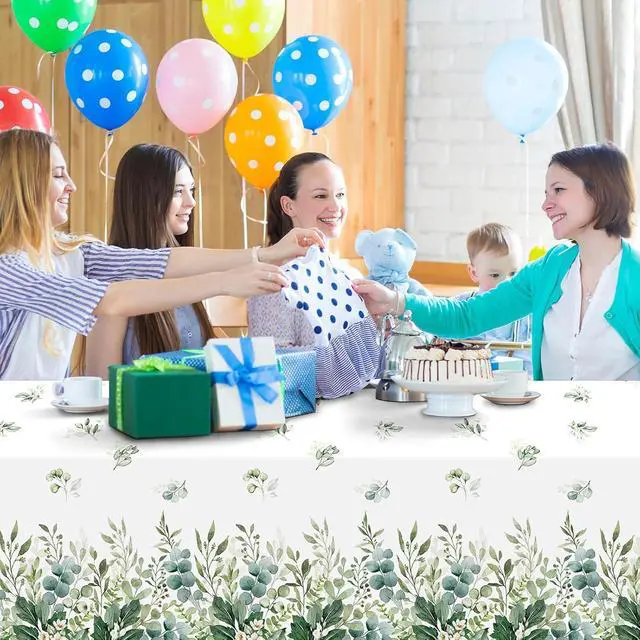 Alt view image 6 of 7 - 3 Pack Spring Sage Green Baby Shower Plastic Tablecloth, Eucalyptus Leaf Disposable Table Cover, Summer Rectangle Table Cloth for Bridal Baby Shower Birthday Wedding Party Decorations, 54x108 Inch