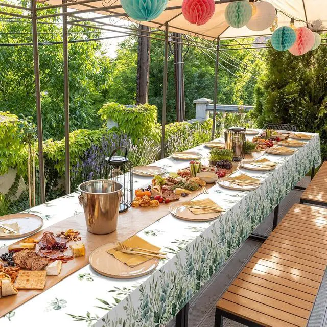 Alt view image 7 of 7 - 3 Pack Spring Sage Green Baby Shower Plastic Tablecloth, Eucalyptus Leaf Disposable Table Cover, Summer Rectangle Table Cloth for Bridal Baby Shower Birthday Wedding Party Decorations, 54x108 Inch