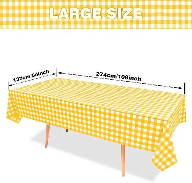 Alt view image 2 of 6 - 2 Pack Yellow Gingham Tablecloth Decorations, Yellow and White Checkered Background Disposable Plastic Tablecloth, 54 x 108 Inch for Birthday Party, Outdoor Dinner, Holiday Party Deco