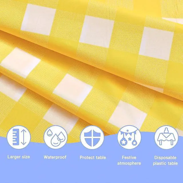 Alt view image 3 of 6 - 2 Pack Yellow Gingham Tablecloth Decorations, Yellow and White Checkered Background Disposable Plastic Tablecloth, 54 x 108 Inch for Birthday Party, Outdoor Dinner, Holiday Party Deco